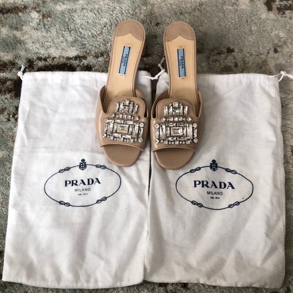 Prada Shoes - Prada Nude Jeweled Slide Sandals